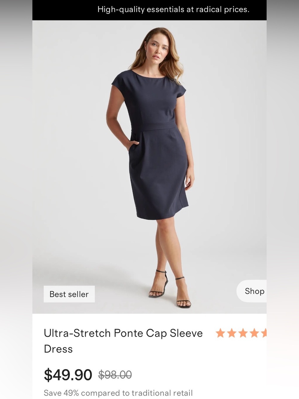 Quince Ponte Ultra-Stretch Cap Sleeve Dress Navy Medium